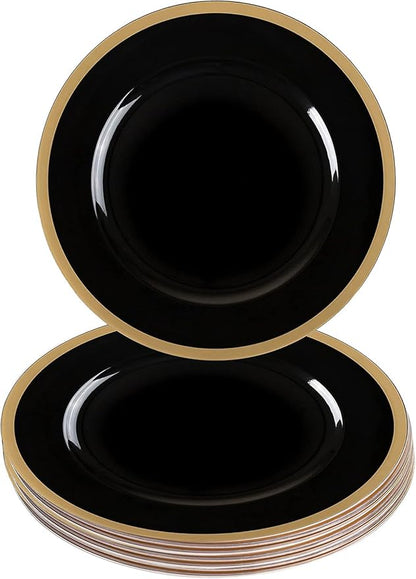 PARTY BARGAINS 13-Inch Charger Plates - 8 Pack, Black Gold Rim, Heavy-Duty Disposable Chargers for Elegant Dining - Ideal for Weddings and Formal Events