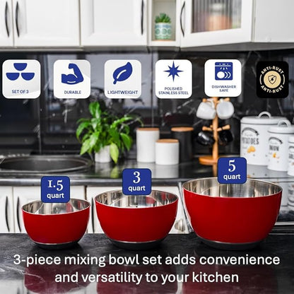 WHYSKO® Stainless Steel Mixing Bowls (Set of 3) with Non-Slip Silicone Base for Kitchen, Dishwasher Safe Bowls for Meal Prep, Cooking, Baking, Serving, Food Storage (Red)