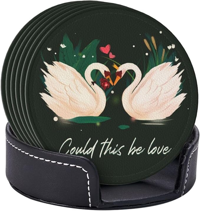 Drink Coasters with Holder Stand Set of 6, Swan Pu Leather Absorbent Coasters - Image 2