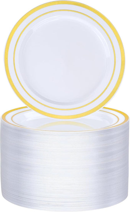 BESTVIP 100PCS Gold Plastic Plate, 7 Inch Disposable Dessert Plate Party with Gold Rim, Heavy Duty Disposable Plastic Plates for Party, Wedding and Birthday
