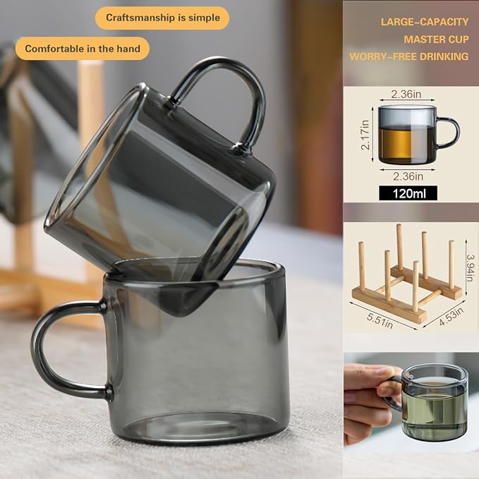 Kung Fu 6 Pcs Small Glass Tea Cup + Holder Set in Smoky Gray, Bamboo Wood - Image 5