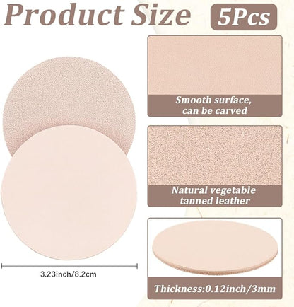 5PCS 3.23 Inch Round Vegetable Tan Genuine Leather Pad for Laser Engraving 3mm Thick Tooling Veg Circular Leather Pieces Sheet for Coasters Tooling Stamping Carving