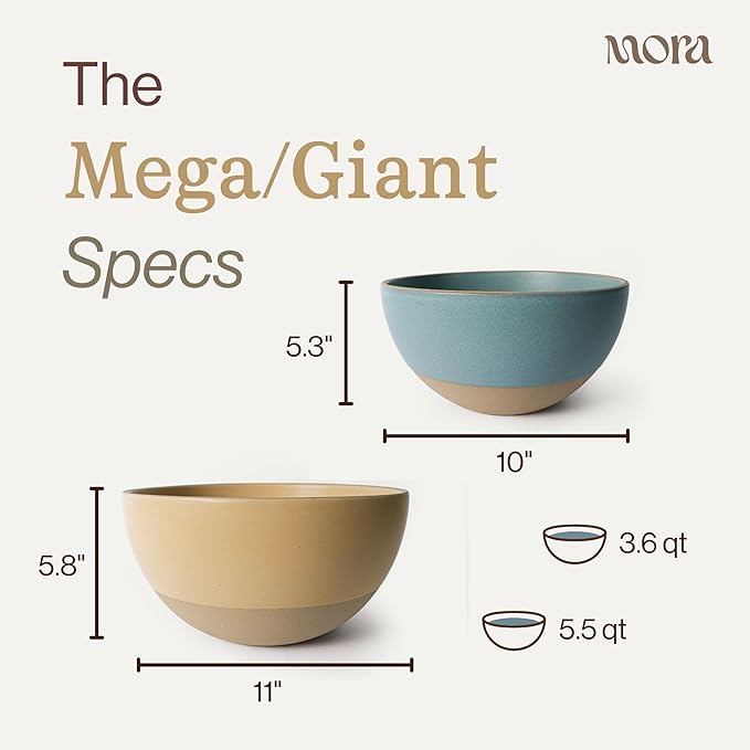 MORA Mega and Giant Bowls Set of 2, 5.5 and 3.5 Qt Ceramic Pottery Mixing Bowls - Microwave and Dishwasher Safe - Merrigold & Iris