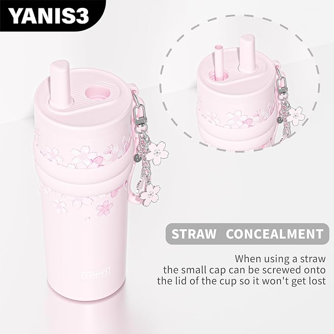 18.5 oz Thermo Cup with Straw, Elegant Cherry Blossom Embossed Design, Vacuum - Image 5