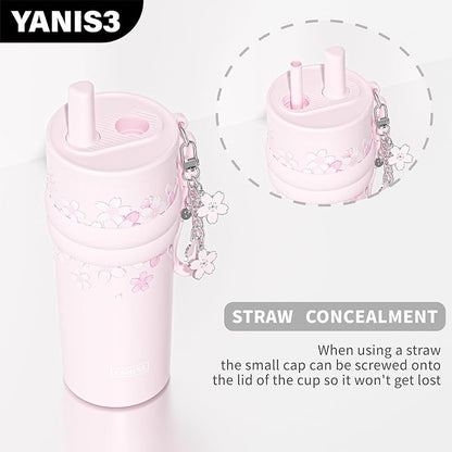 18.5 oz Thermo Cup with Straw, Elegant Cherry Blossom Embossed Design, Vacuum - Image 5