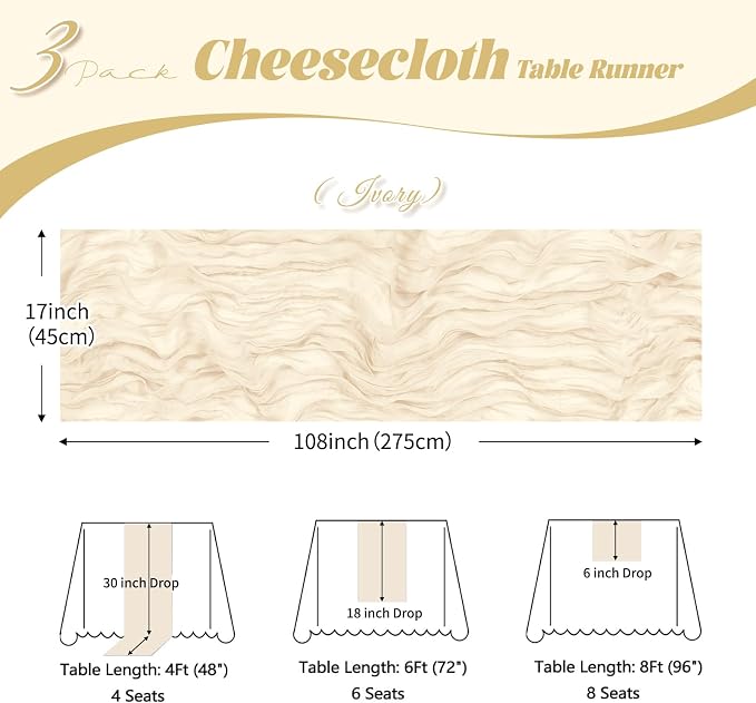 3 Pack Ivory Cheesecloth Table Runner, 17 x 108 inch, Semi Sheer Boho Cheese - Image 3