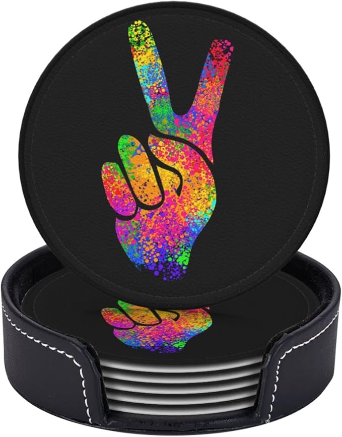 6 Pcs Hippie Two Fingers Symbols Peace Sign Leather Coasters - Image 2
