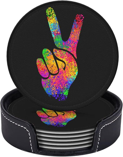 6 Pcs Hippie Two Fingers Symbols Peace Sign Leather Coasters - Image 2