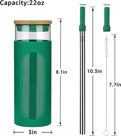 Tronco 22oz Glass Tumbler with Bamboo Lid and Straw, Reusable Iced Coffee Cup for Boba Tea, Smoothies & Cold Drinks, Spill-Proof Glass Cup with Silicone Sleeve, Dishwasher Safe, BPA-Free (Pack of 1)