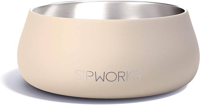 Sipworks Stainless Steel Dog Bowl – 32oz Weighted Metal Food and Water Bowls for Dogs and Cats with Non-Slip Base - Pet Bowls for All Breeds Sizes for Travel & Outdoor Play | Buttercream
