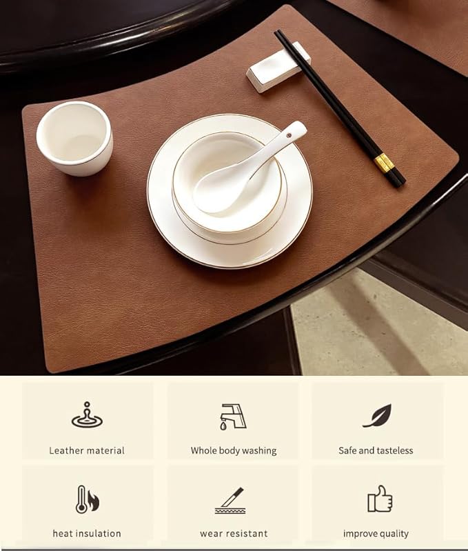 Leather Round Table Washable Placemats, Thick Faux Leather Heat Resistant Wedge Table Placemat, Waterproof Non-Slip Easy to Clean Place mat for Kitchen Coffee Dining Room Table Set of 6