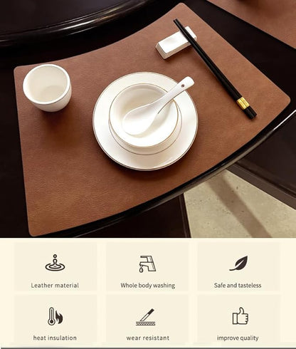 Leather Round Table Washable Placemats, Thick Faux Leather Heat Resistant Wedge Table Placemat, Waterproof Non-Slip Easy to Clean Place mat for Kitchen Coffee Dining Room Table Set of 6