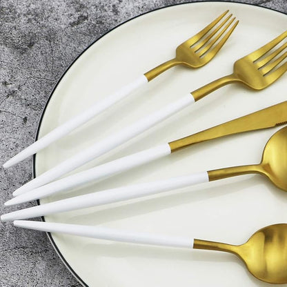 White Handle Matte Gold Silverware Set, Gugrida 5-Piece 18/10 Stainless Steel - Image 4