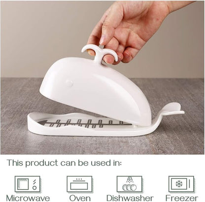 DOWAN Porcelain Butter Dish With Cutting Measuring Line, Large Whale Butter Dish with Cover of Non-slip Design, Ceramic Butter Dishes with Handle for East/West Coast Butter, Soft White