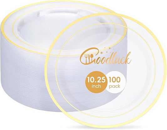 Goodluck 100PCS Clear Gold Plastic Plates, 10.25 Inch Dinner Plate with Silver Rim, Heavy Duty Disposable Plastic Plates for Party, Wedding, Birthday & Daily Use