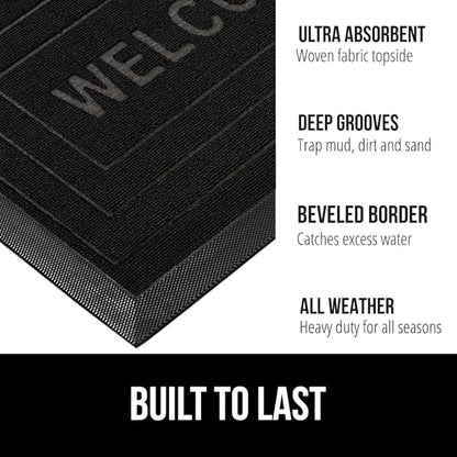 GORILLA GRIP 100% Waterproof All-Season WeatherMax Doormat 35x23, US Designed Natural Rubber, Stain and Fade Resistant, Low Profile Indoor Outdoor Door Mats, Easy Clean Patio Mat, Black Welcome