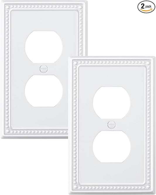 2-Pack Duplex Outlet Cover Plate, Pure White Metal Wall Plates for Electrical Outlets, 1 Gang Receptacle Light Switch Cover, Pearls Decorative Switch Plates and Outlet Covers