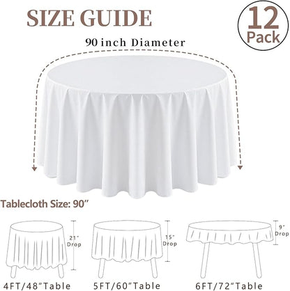 12 Pack Round Tablecloth 90 Inch Cloth White Tablecloth for Round Tables, Washable Polyester Table Cloth Stain and Wrinkle Resistant Decorative Table Cover for Wedding Party Dining Banquet