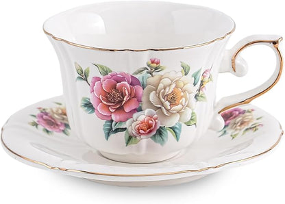 Ceramic Floral Cups with Saucers，7 oz Espresso Cups by Unknown