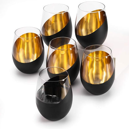 MyGift Modern Matte Black and Gold Tilted Design Stemless Wine Glasses Tumblers - Image 4