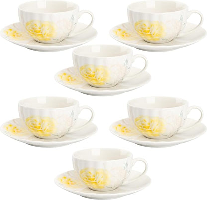 BTaT- Floral Tea Cups and Saucers Set, 7 oz, Porcelain Tea Cups by BrewToATea