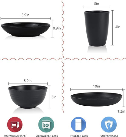 Wrova Wheat straw dinnerware sets of 16-10 inches plates,26oz bowls,2oz dipping bowls,12oz cups - Unbreakable plates and bowls sets microwave safe and dishwasher safe,service for 4. Black