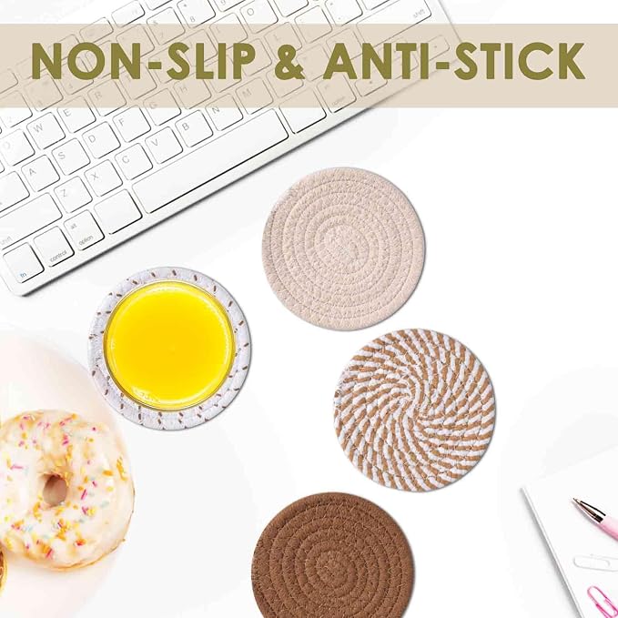 Drink Coasters 8 Pack with Holder, 4-Color Cotton Woven Absorbent Coasters Set - Image 5