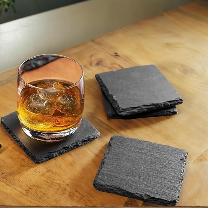 8 Pack 4 inch Square Slate Coasters with Metal Holder,Handmade Natural Rough Edge,with Integral Anti-Skid pad,Laser Engraving Blanks,Stone Coasters