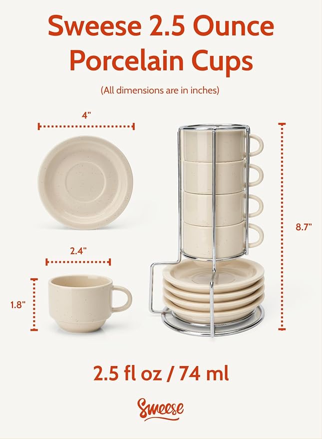 Sweese Porcelain Espresso Cups Set, 2.5 oz, Stackable - Image 2