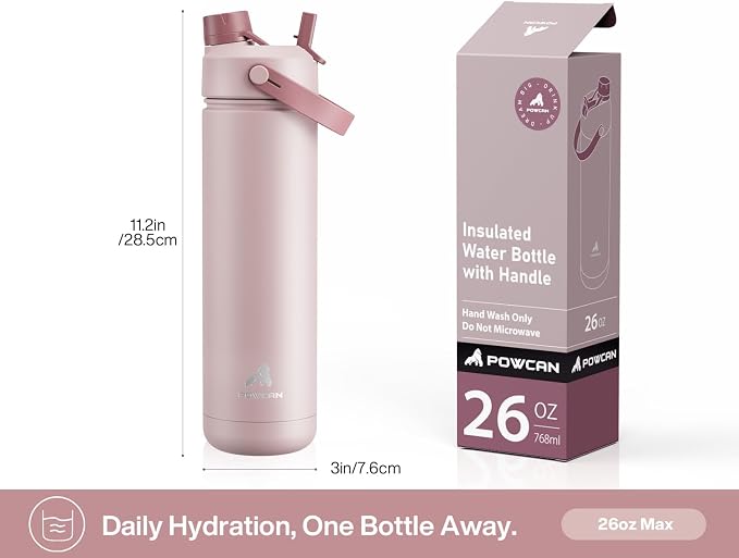 POWCAN 26 oz Insulated Water Bottle: 2-in-1 Straw and Spout Lid, Leak-proof | - Image 7