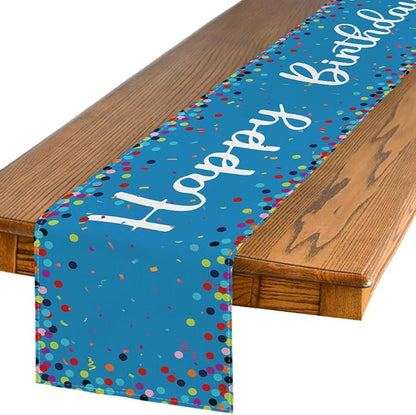 Artoid Mode Polka Dot Blue Happy Birthday Table Runner, Seasonal Winter Kitchen by ArtoidMode