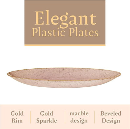 PLASTICPRO 30 Pack Disposable Plastic Plates Heavyweight Granite Look Elegant 10 inch Dinner Plates Pink with Gold Rim