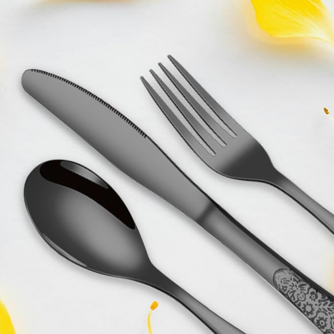 Black Rose Floral Embossed Silverware Set, Mirror Polished Unique Pattern - Image 3