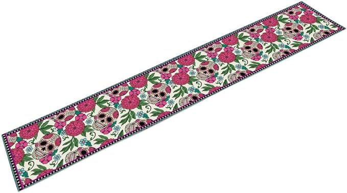 YCness Dia De Los Muertos Table Runner Red Floral Cinco De Mayo Rustic Linen - Image 9