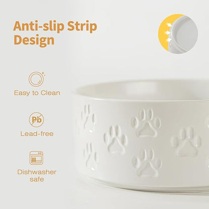 Ceramic Dog Bowl Set, 7.3" Dog Bowls with Anti-Slip Rings for Medium Breed Dogs, 5 Cup Food and Water Bowls, Pet Dishes for Medium-Sized Dogs, Microwave Safe (Double Bowls - White, 7.3 inch)
