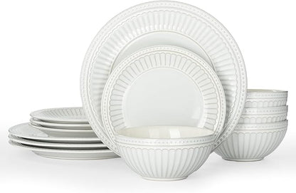 Famiware Garden Plates and Bowls Set, 12-Piece Dishes Set for 4, Scratch Resistant Kitchen Dishes Dinnerware Set - Microwave and Dishwasher Safe, Reactive Glaze and Embossed Stoneware, White
