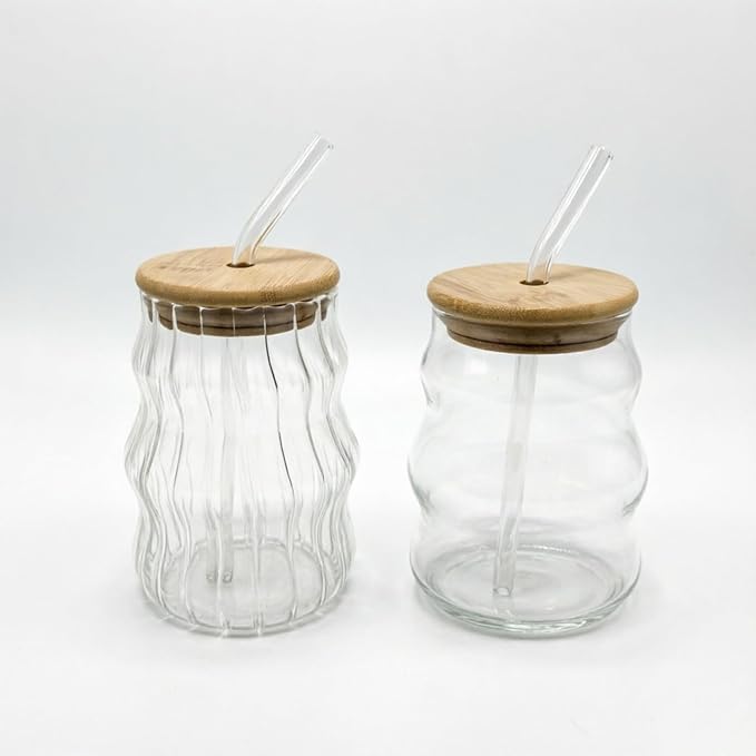 18 Oz Vintage Ribbed Glass Cups 2 Pack, Wave Bubble Design | Textured Glass by Unknown