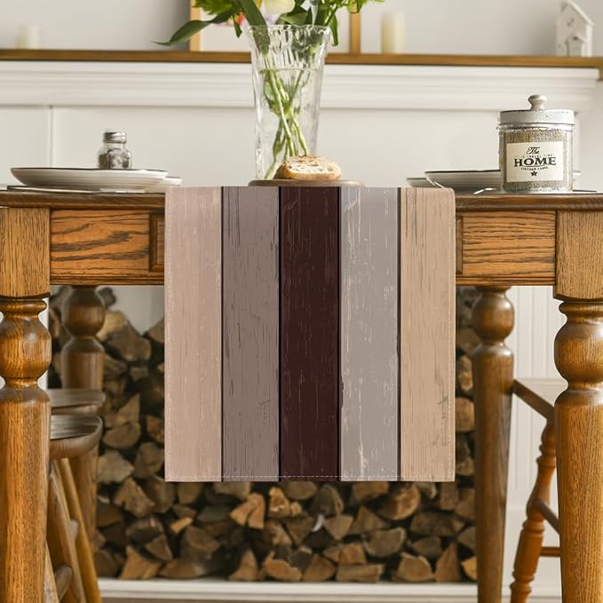 Artoid Mode Brown Retro Rustic Wood Texture Table Runner, Seasonal Spring - Image 2
