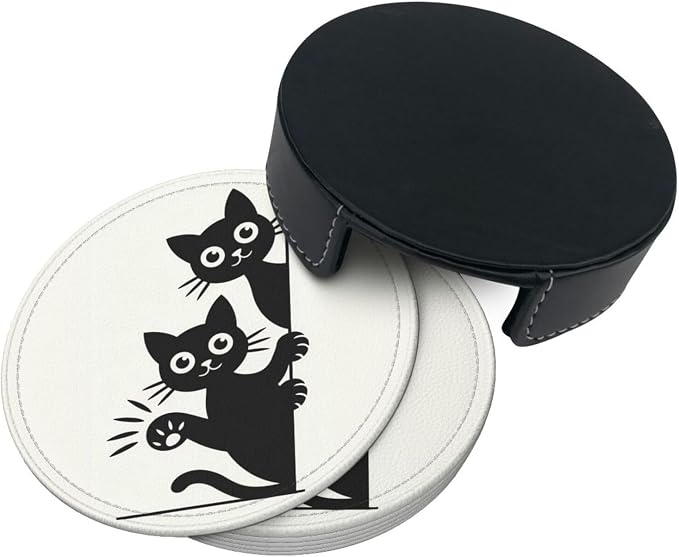 Cute Cats Coasters for Drinks Set of 6, Round Leather Coaster - Image 9