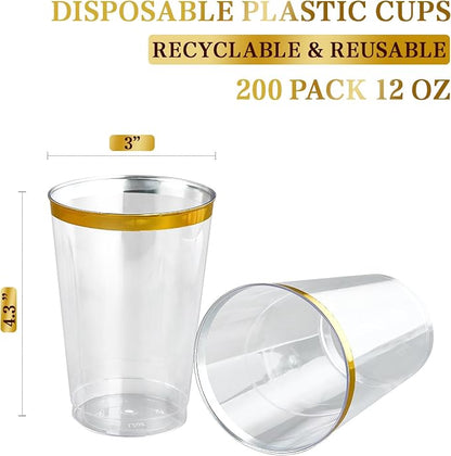 FOCUSLINE 200 Pack 12 oz Gold Rimmed Plastic Cups, Heavy-duty & Fancy - Image 7