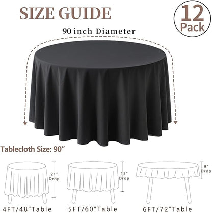 12 Pack Round Tablecloth 90 Inch Cloth Black Tablecloth for Round Tables, Washable Polyester Table Cloth Stain and Wrinkle Resistant Decorative Table Cover for Wedding Party Dining Banquet