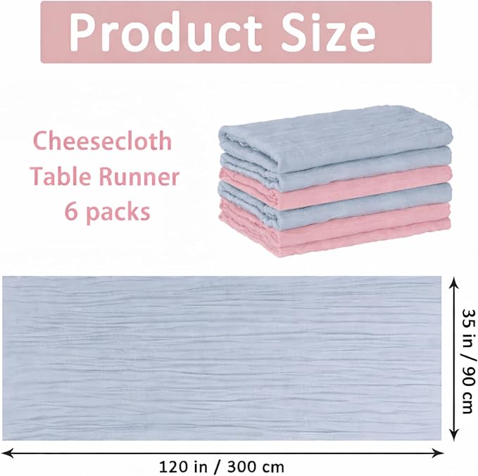 Cheesecloth Table Runner 6 Pack Dusty Pink and Dusty Blue, Boho Gauze Table - Image 2