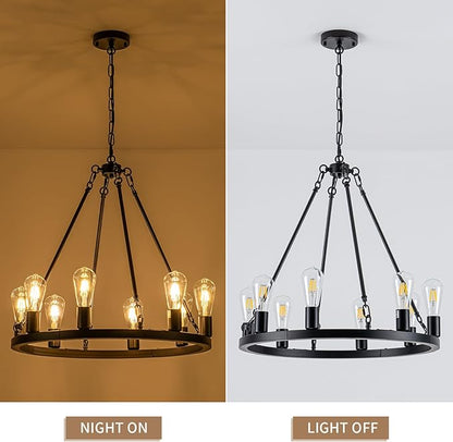 8-Light Wagon Wheel Chandelier, Farmhouse Chandelier Dining Room Light Fixture, Black Round Industrial Rustic Pendant Lighting, Vintage Hanging Lights for Kitchen Island Living Room Bedroom Entryway