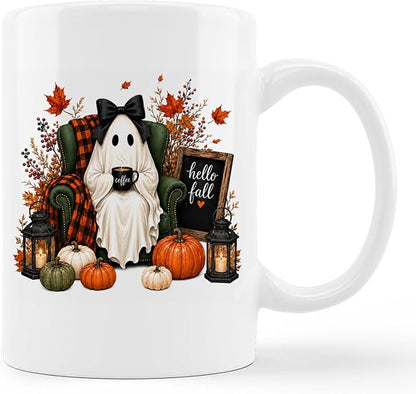 kunlisa Fall Halloween Ghost Pumpkin Mug Cup 11oz | Coquette Bow Ghost Fall by Kunlisa
