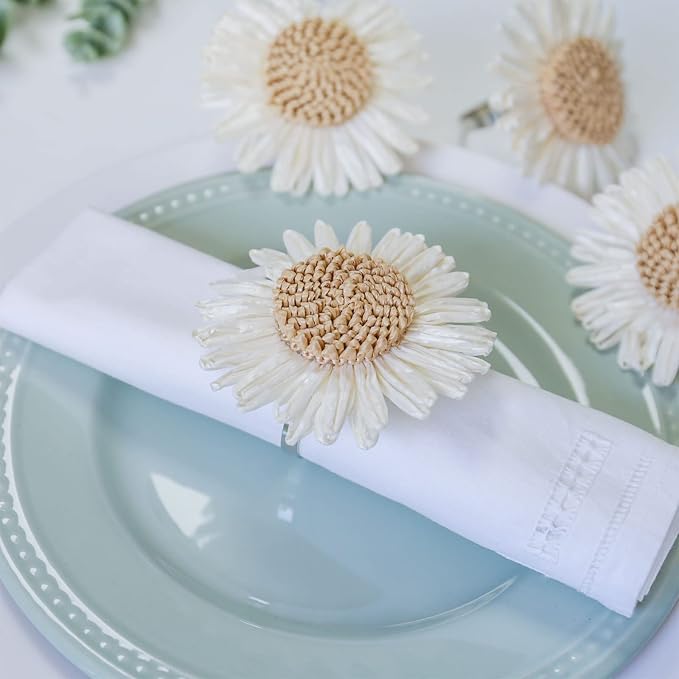 Woven Sunflower Napkin Rings Set of 4, Handmade Faux White Daisy Napkin Ring - Image 5