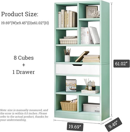 IOTXY Wooden Open Shelf Bookcase - 61 Inches Height Freestanding Display Storage Cabinet Organizer with 8 Cubes and a Drawer, Floor Standing Bookshelf in Tiffany-Green