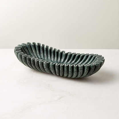 Handmade Oval Fluted Marble Bowl, Table Centerpiece Decorative Marble Bowl, Green Large Ruffle Bowls for Table Centerpiece