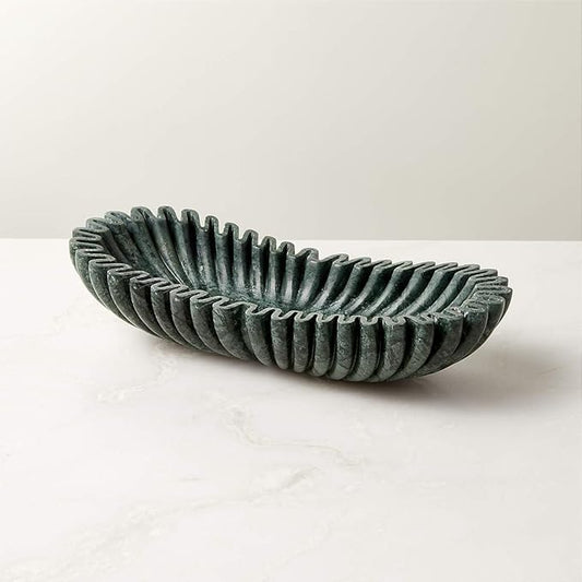 Handmade Oval Fluted Marble Bowl, Table Centerpiece Decorative Marble Bowl, Green Large Ruffle Bowls for Table Centerpiece