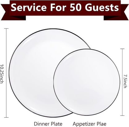 EI 100pcs White and Black Disposable Plates for Party,White Plastic Dinner Plates with Black Rim Disposable,Plastic Dessert Plate for Wedding,Family Party,Afternoon Tea Business New Year