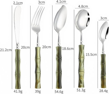 20 Piece Silverware Set Service for 4,Premium Bamboo Acrylic Handle Flatware Set Home Include Fork Knife Spoon Set Package for Christmas and Thanksgiving（Green）